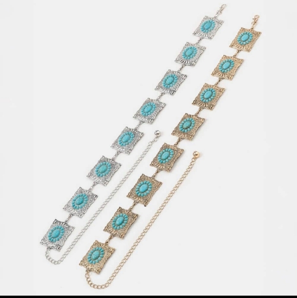 NWT Ornate Western Turquoise Cluster Square Concho Chain Belt - Picture 2 of 3